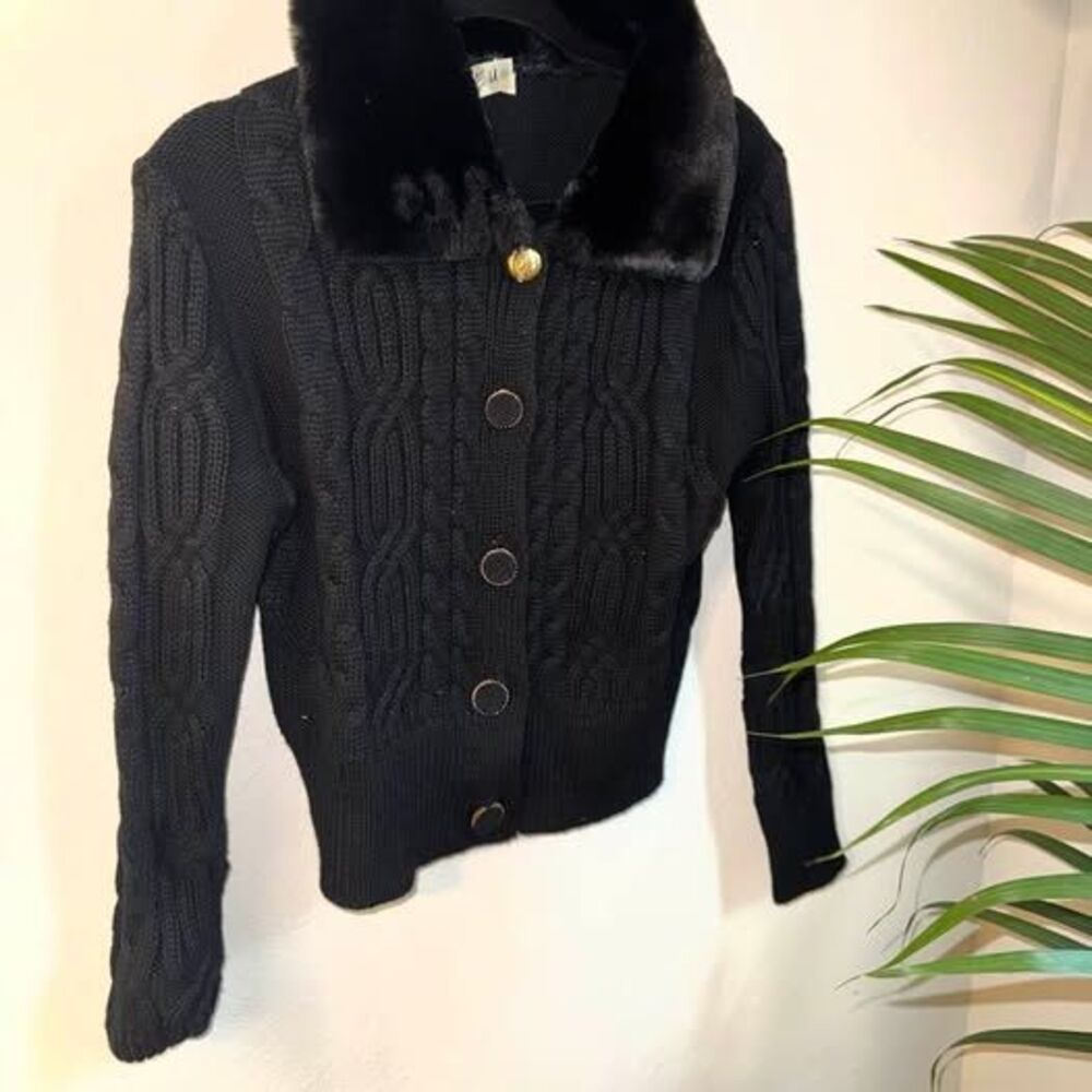 Eu Black Cable Knit Cardigan with Faux Fur Collar